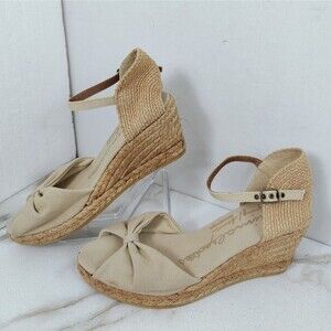 Gaimo Beige Bow Detail Ankle Strap Wedge Espadrilles Sandals, Sz 8.5